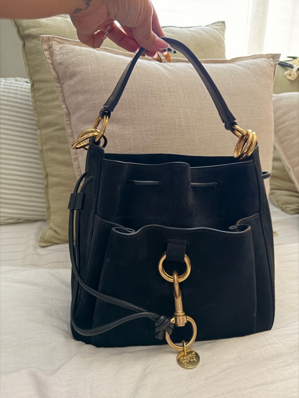 Chloe Black Suede Bucket Bag with Gold Hardware